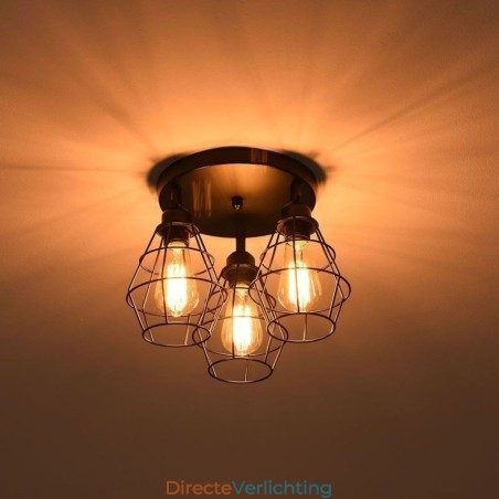 Industriële plafondlamp met 3 lampen in de vorm van een metalen kooi Industriële plafondlamp met 3 lampen in de vorm van een metalen kooi