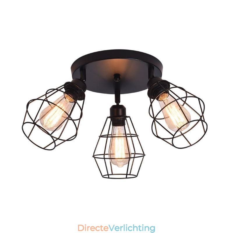 Industriële plafondlamp met 3 lampen in de vorm van een metalen kooi
