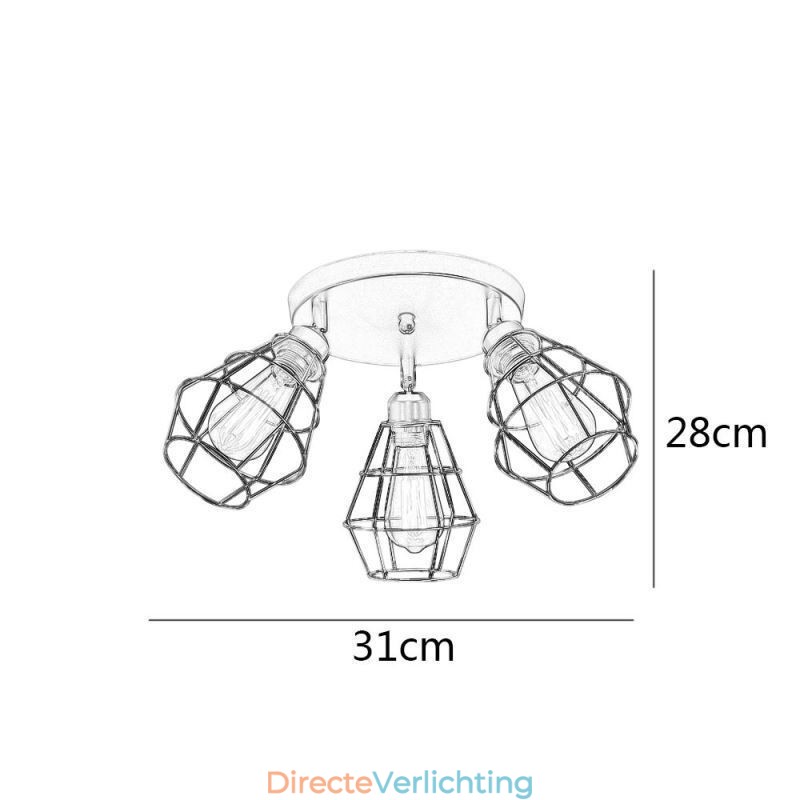 Industriële plafondlamp met 3 lampen in de vorm van een metalen kooi