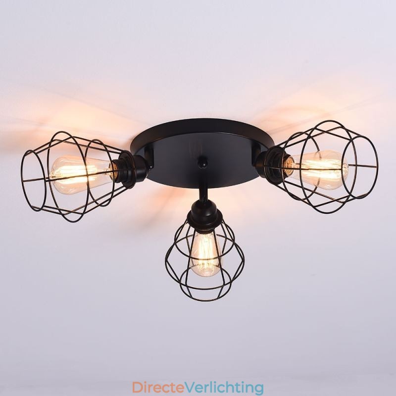 Industriële plafondlamp met 3 lampen in de vorm van een metalen kooi