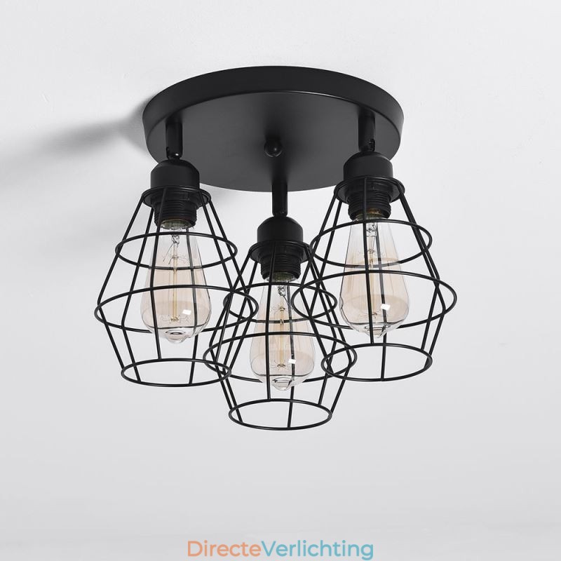 Industriële plafondlamp met 3 lampen in de vorm van een metalen kooi