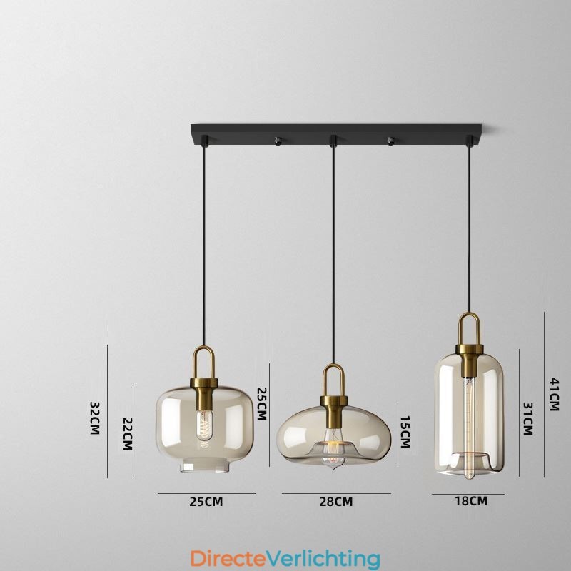 3-lichts hanglamp met glazen kap eiland