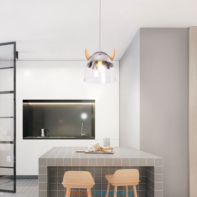 Klassieke glazen hanglamp, houten hoornlamp, creatieve verlichting