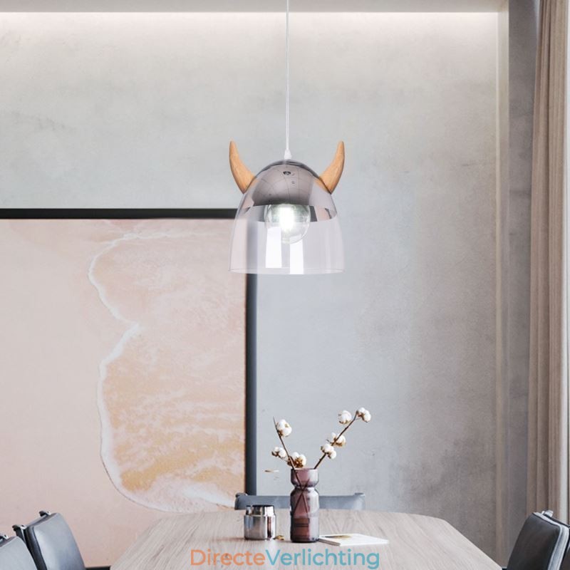Klassieke glazen hanglamp, houten hoornlamp, creatieve verlichting