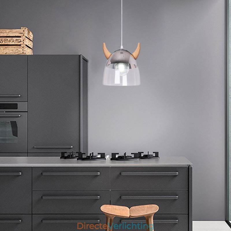 Klassieke glazen hanglamp, houten hoornlamp, creatieve verlichting