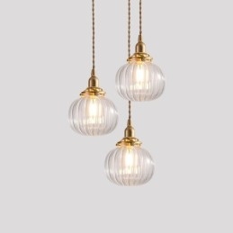 Glazen hanglamp, helder, rond, geribbeld, pompoenvormig, lamp, 1 lichtbron