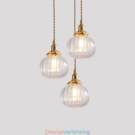 Glazen hanglamp, helder, rond, geribbeld, pompoenvormig, lamp, 1 lichtbron Glazen hanglamp, helder, rond, geribbeld, pompoenvormig, lamp, 1 lichtbron