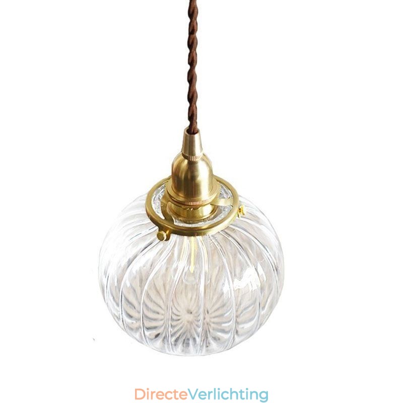 Glazen hanglamp, helder, rond, geribbeld, pompoenvormig, lamp, 1 lichtbron