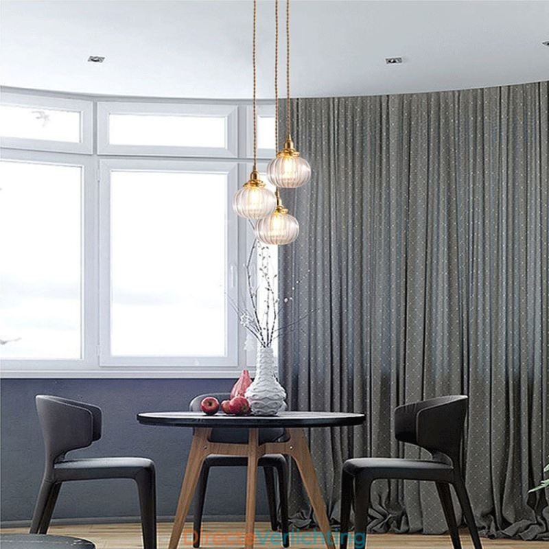 Glazen hanglamp, helder, rond, geribbeld, pompoenvormig, lamp, 1 lichtbron