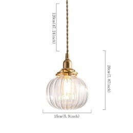 Glazen hanglamp, helder, rond, geribbeld, pompoenvormig, lamp, 1 lichtbron