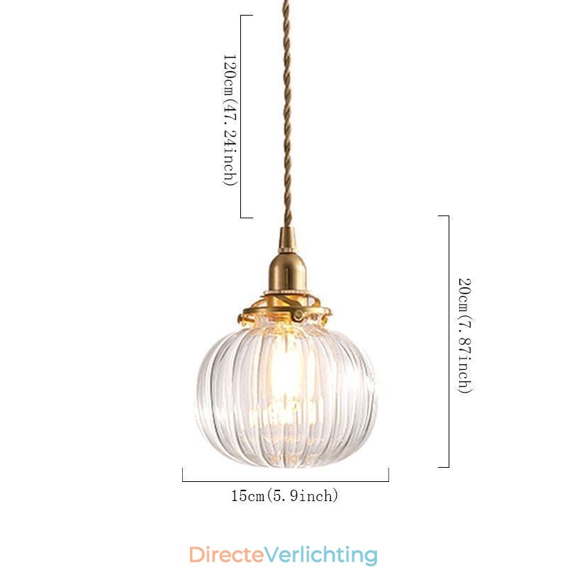 Glazen hanglamp, helder, rond, geribbeld, pompoenvormig, lamp, 1 lichtbron