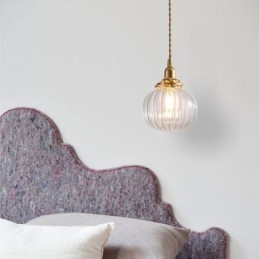 Glazen hanglamp, helder, rond, geribbeld, pompoenvormig, lamp, 1 lichtbron