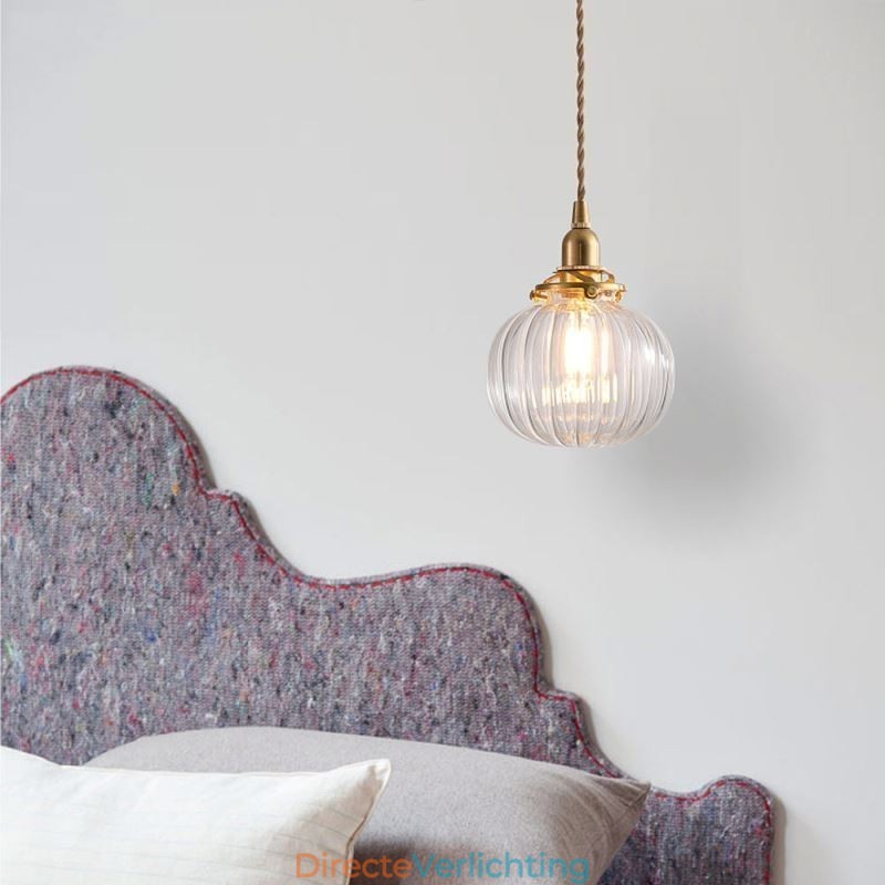 Glazen hanglamp, helder, rond, geribbeld, pompoenvormig, lamp, 1 lichtbron