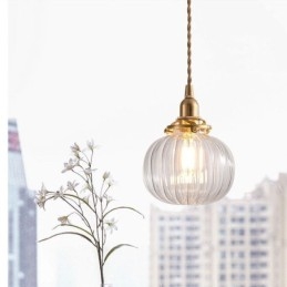 Glazen hanglamp, helder, rond, geribbeld, pompoenvormig, lamp, 1 lichtbron