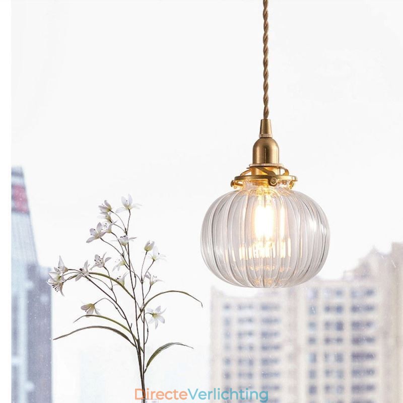 Glazen hanglamp, helder, rond, geribbeld, pompoenvormig, lamp, 1 lichtbron