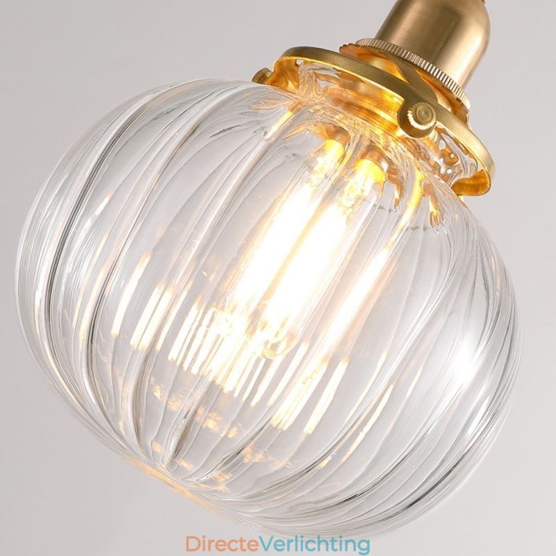 Glazen hanglamp, helder, rond, geribbeld, pompoenvormig, lamp, 1 lichtbron