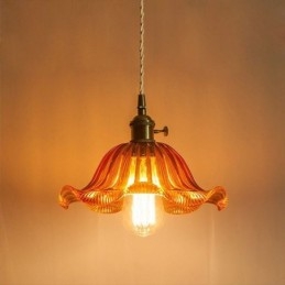 Vintage kleurrijke geribbelde glazen hanglamp met bloemenkap en draaischakelaar