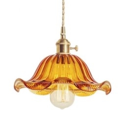 Vintage kleurrijke geribbelde glazen hanglamp met bloemenkap en draaischakelaar