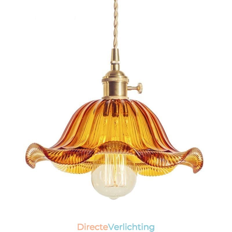 Vintage kleurrijke geribbelde glazen hanglamp met bloemenkap en draaischakelaar
