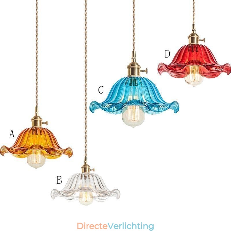 Vintage kleurrijke geribbelde glazen hanglamp met bloemenkap en draaischakelaar