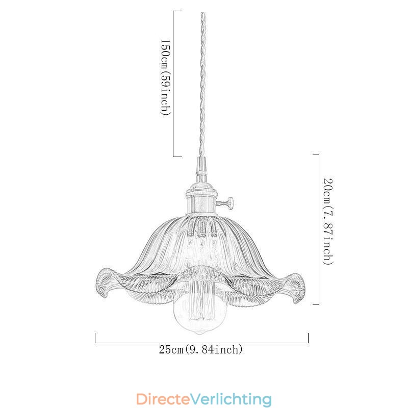 Vintage kleurrijke geribbelde glazen hanglamp met bloemenkap en draaischakelaar