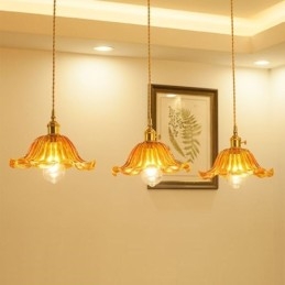 Vintage kleurrijke geribbelde glazen hanglamp met bloemenkap en draaischakelaar