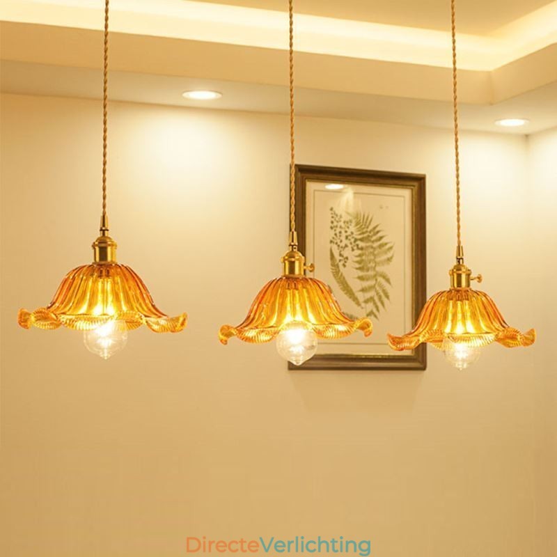 Vintage kleurrijke geribbelde glazen hanglamp met bloemenkap en draaischakelaar