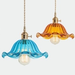 Vintage kleurrijke geribbelde glazen hanglamp met bloemenkap en draaischakelaar