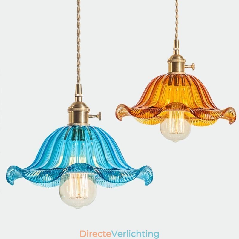 Vintage kleurrijke geribbelde glazen hanglamp met bloemenkap en draaischakelaar