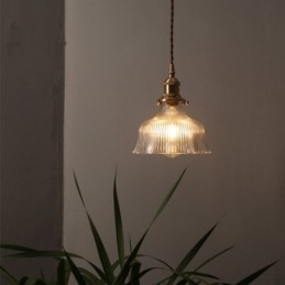 Grote Dome hanglamp van helder geribbeld glas met messing houder en draaischakelaar