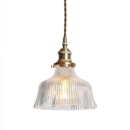 Grote Dome hanglamp van helder geribbeld glas met messing houder en draaischakelaar