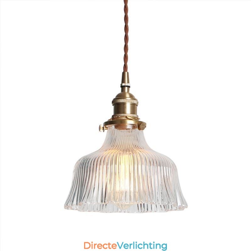 Grote Dome hanglamp van helder geribbeld glas met messing houder en draaischakelaar