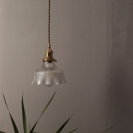Grote Dome hanglamp van helder geribbeld glas met messing houder en draaischakelaar