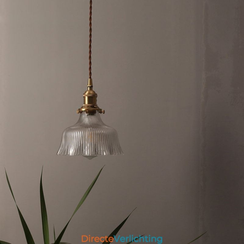 Grote Dome hanglamp van helder geribbeld glas met messing houder en draaischakelaar