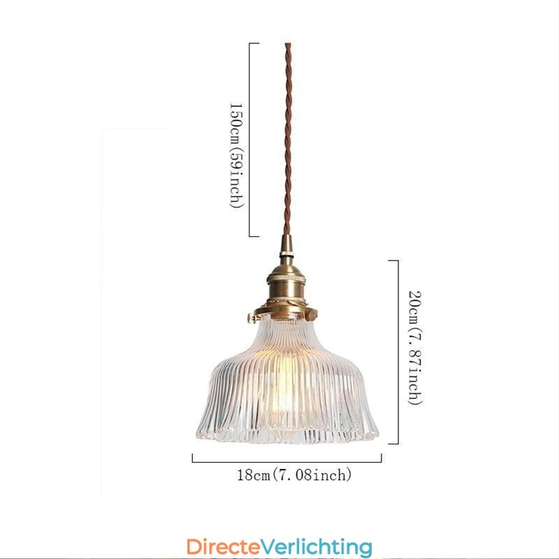 Grote Dome hanglamp van helder geribbeld glas met messing houder en draaischakelaar