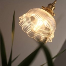 Grote Dome hanglamp van helder geribbeld glas met messing houder en draaischakelaar