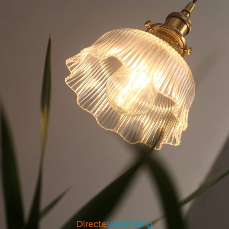 Grote Dome hanglamp van helder geribbeld glas met messing houder en draaischakelaar