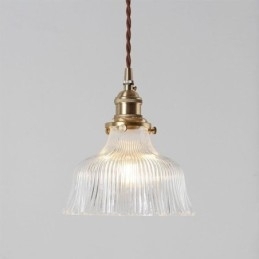 Grote Dome hanglamp van helder geribbeld glas met messing houder en draaischakelaar