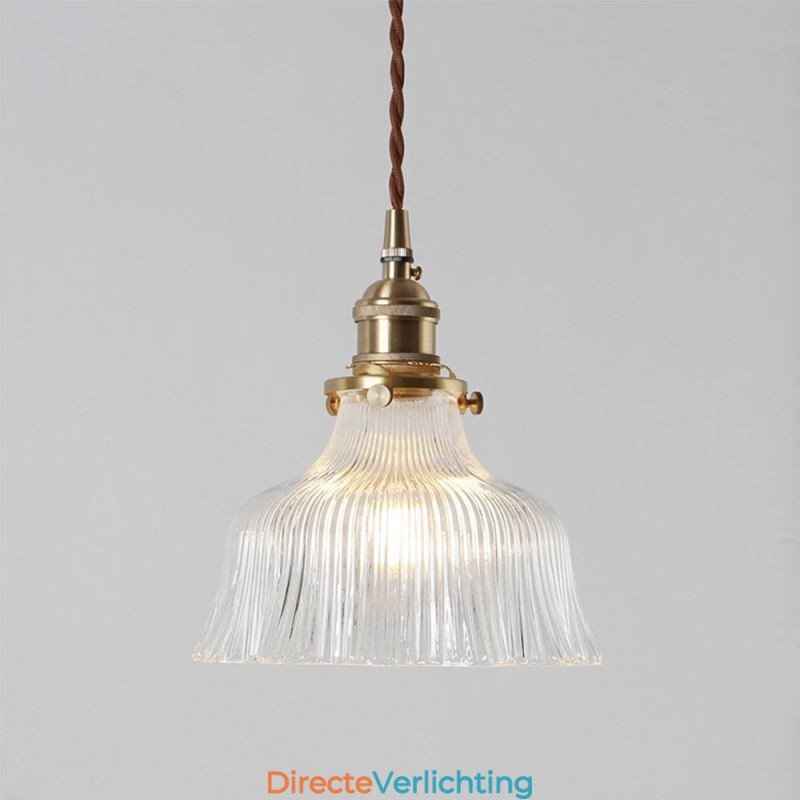 Grote Dome hanglamp van helder geribbeld glas met messing houder en draaischakelaar