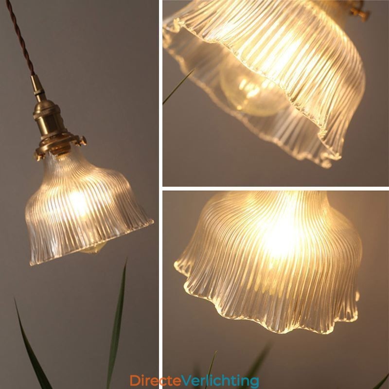 Grote Dome hanglamp van helder geribbeld glas met messing houder en draaischakelaar