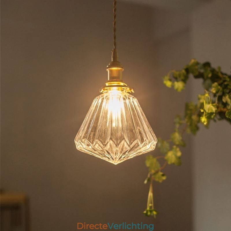 Hanglamp van helder geribbeld glas met diamantmotief