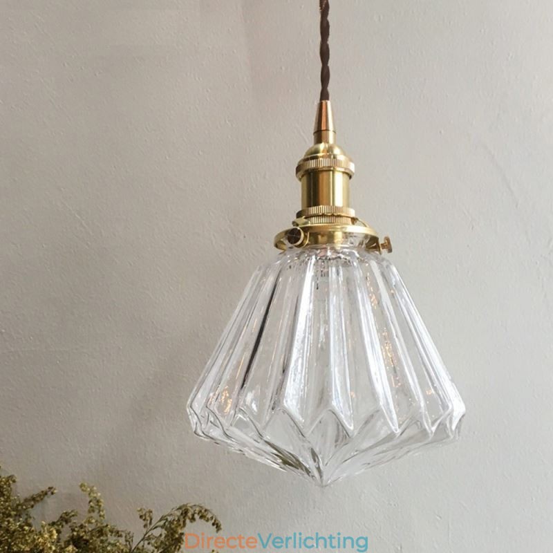 Hanglamp van helder geribbeld glas met diamantmotief