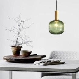 Geribbelde glazen hanglamp met messing houder