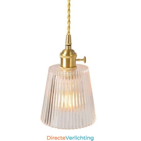 Messing geribbelde glazen hanglamp kegelvormige kap met draaischakelaar Messing geribbelde glazen hanglamp kegelvormige kap met draaischakelaar