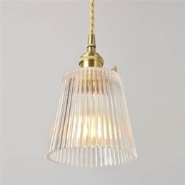 Messing geribbelde glazen hanglamp kegelvormige kap met draaischakelaar