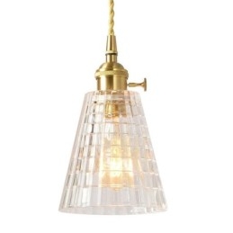 Vierkante, heldere, geribbelde glazen hanglamp van messing met draaischakelaarverlichting