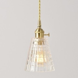 Vierkante, heldere, geribbelde glazen hanglamp van messing met draaischakelaarverlichting