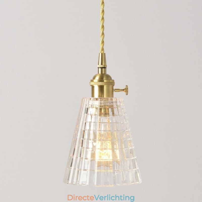 Vierkante, heldere, geribbelde glazen hanglamp van messing met draaischakelaarverlichting
