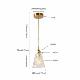 Vierkante, heldere, geribbelde glazen hanglamp van messing met draaischakelaarverlichting