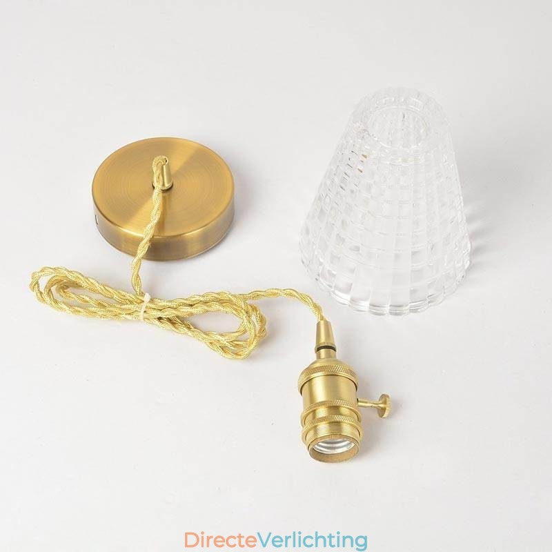 Vierkante, heldere, geribbelde glazen hanglamp van messing met draaischakelaarverlichting